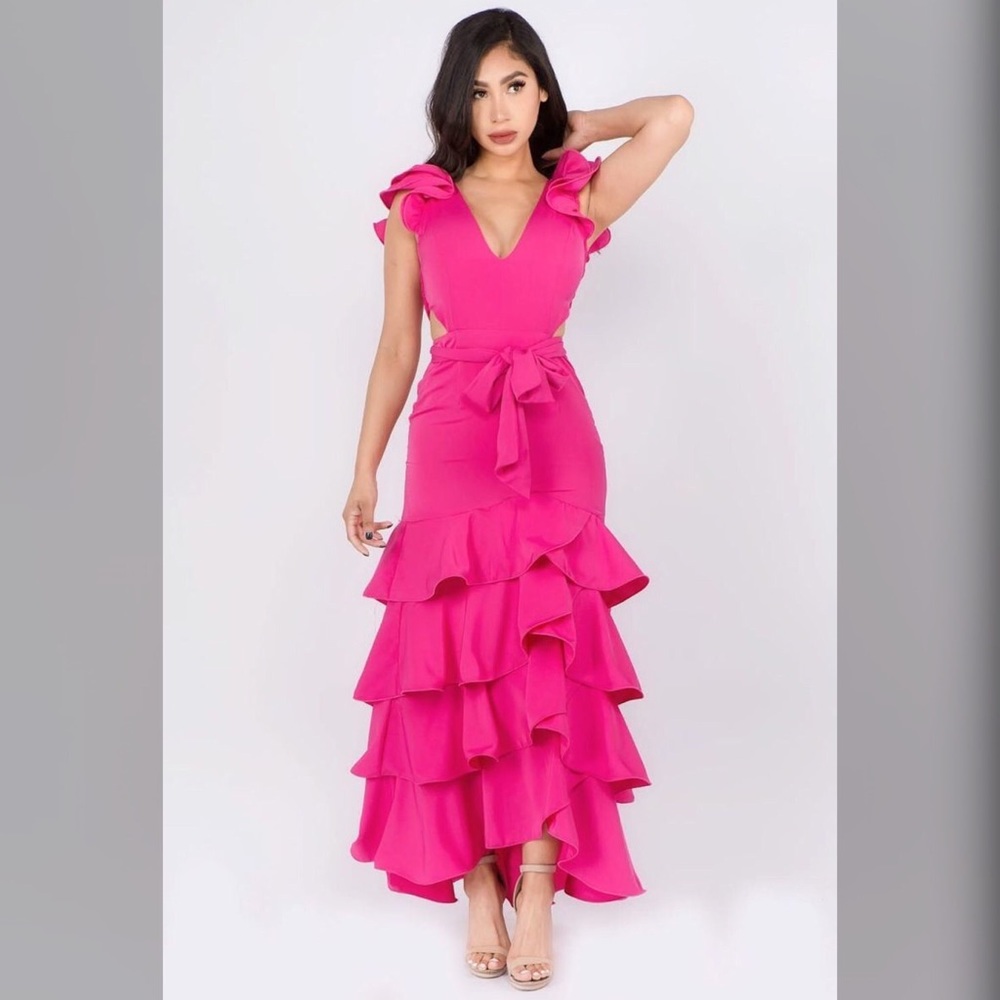 Fuchsia Esmeralda Ruffle Layer Maxi Dress